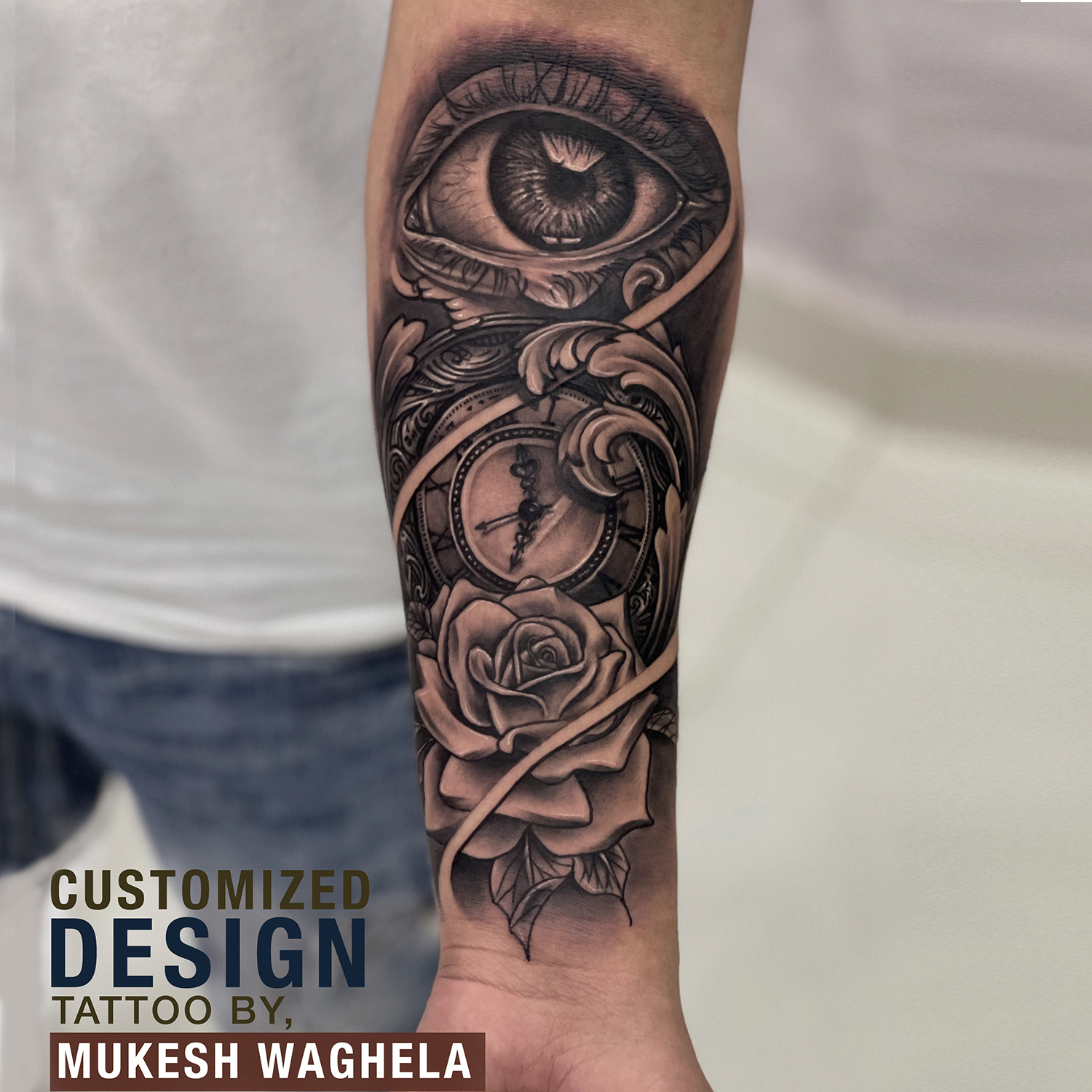 Custom rose and clock tattoo